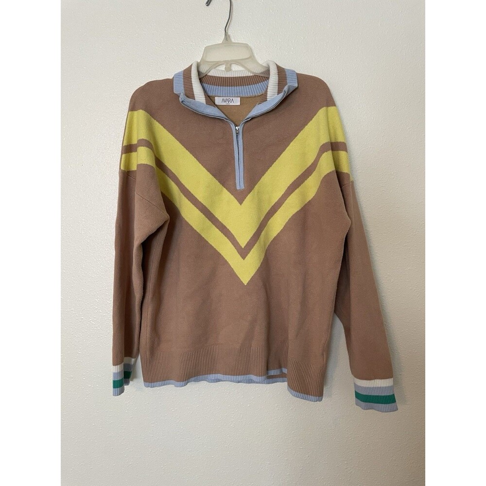 Avara Women's Brown V-Neck Half-Zip Sweater with Yellow Chevron
